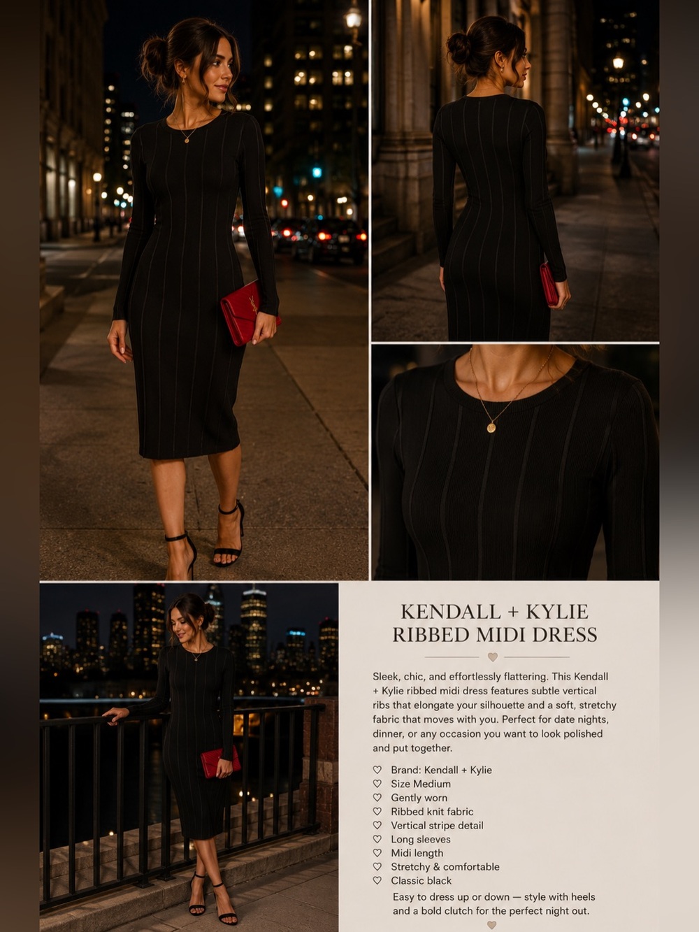 Kendall & Kylie Black Pinstripe Ribbed Midi Dress